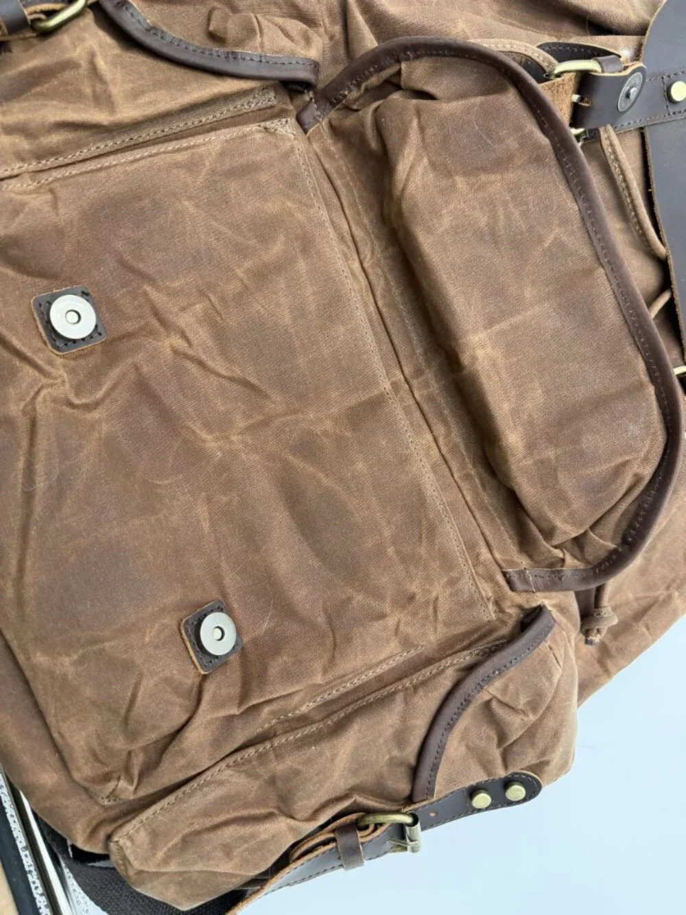 Waxed Canvas Leather Backpack Brown Drawstring Rucksack Brass Buckle Pockets